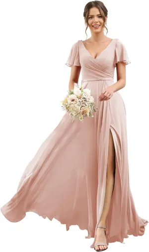 Women's V Neck Short Sleeve Bridesmaid Dresses Long Pleats Chiffon High Slit Formal Dress with Pockets DI001