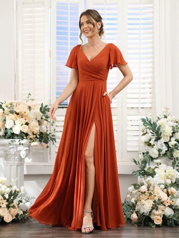 Women's V Neck Short Sleeve Bridesmaid Dresses Long Pleats Chiffon High Slit Formal Dress with Pockets DI001
