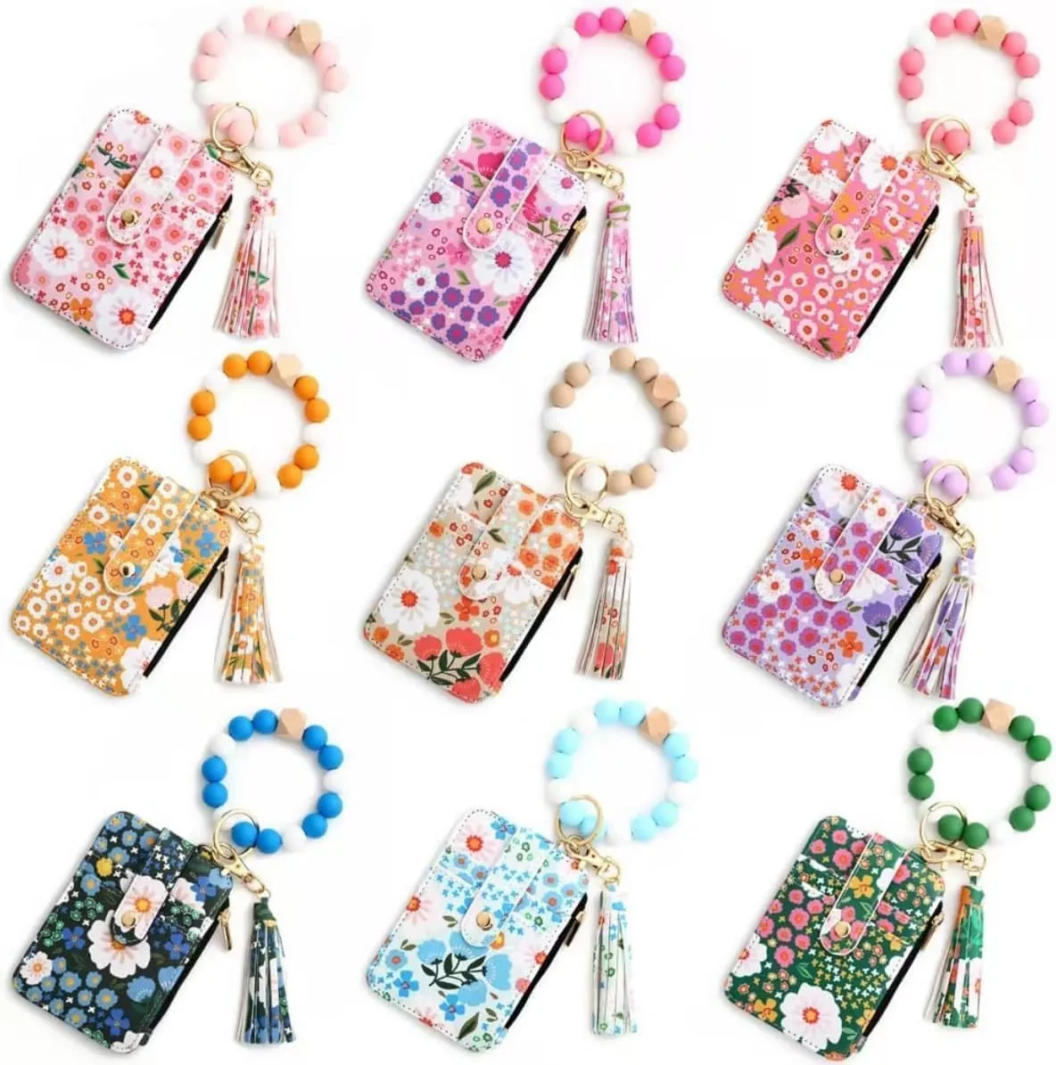 Wristlet Wallet, Women's Style Beaded & Tassel Charms Keychain with Flower Pattern Wallet, Fashion Wristband Accessories (Green)