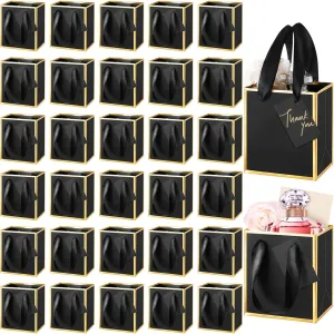 Yeaqee 50 Pcs Mini Metallic Paper Gift Bags with Handles 4x2.75x4.5'' Tiny Small Gift Bags with Thank You Tag for Wedding Favor Father's Day Graduation Birthday Welcome Return Gifts(Black, Gold)