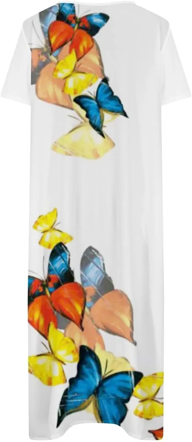 Yesunpxs Dresses for Women 2024 Summer Boho Short Sleeve O-Neck Maxi Dress Casual Beach Printed Long Dresses with Pocket