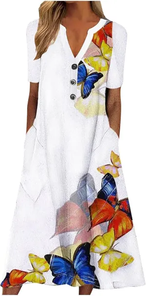 Yesunpxs Dresses for Women 2024 Summer Boho Short Sleeve O-Neck Maxi Dress Casual Beach Printed Long Dresses with Pocket