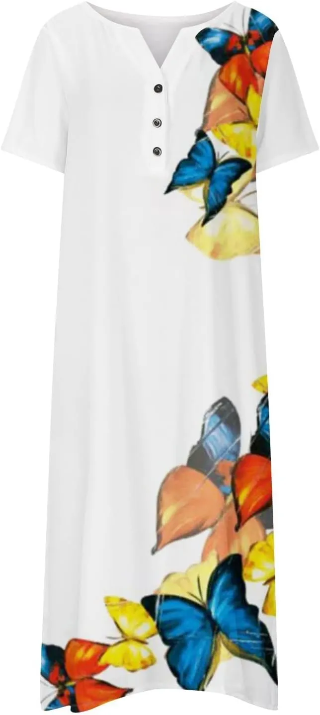 Yesunpxs Dresses for Women 2024 Summer Boho Short Sleeve O-Neck Maxi Dress Casual Beach Printed Long Dresses with Pocket