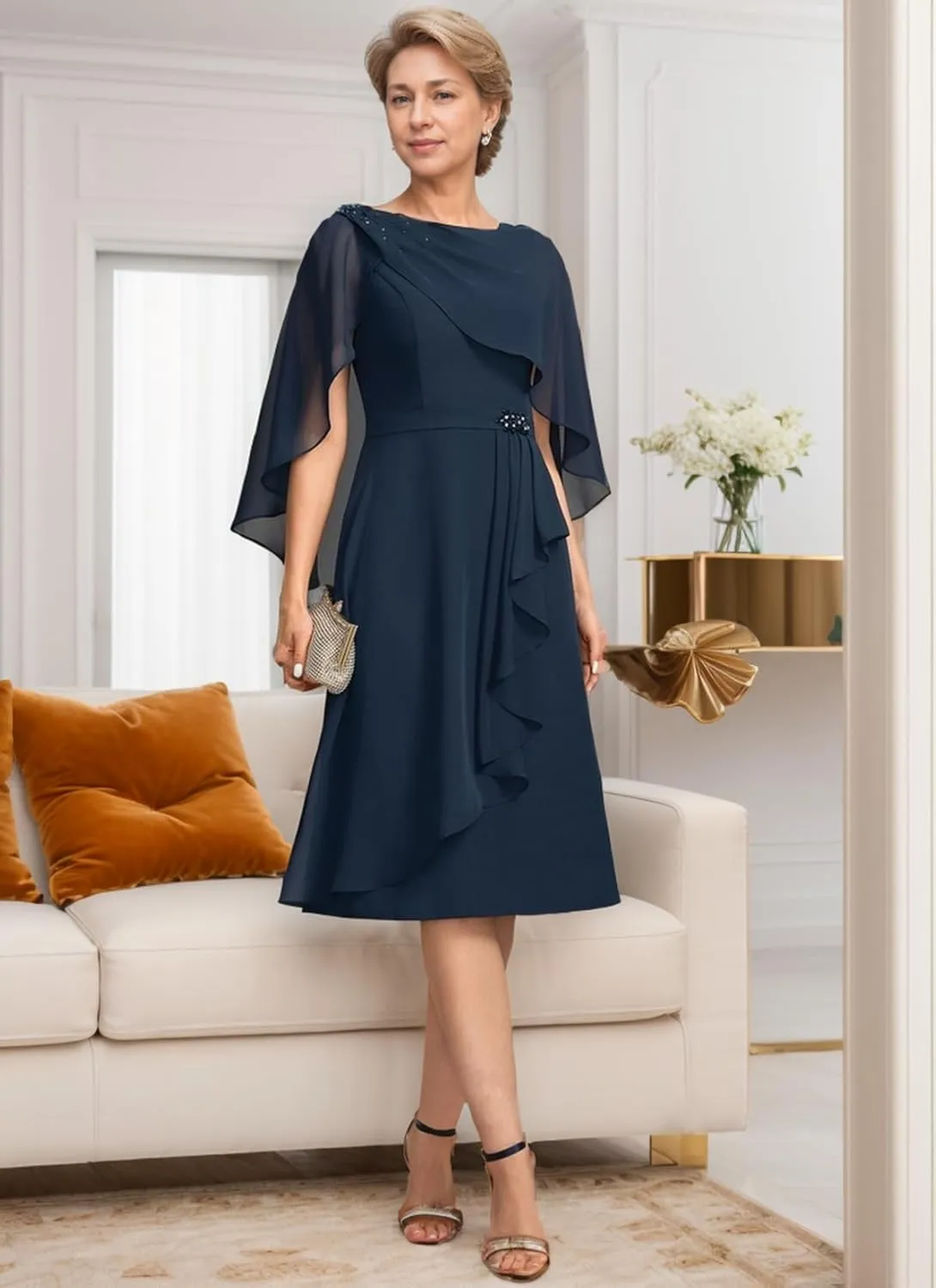 Yuxin 2 Piece Mother of The Bride Dresses for Wedding Chiffon Knee Length Formal Evening Gowns with Jacket Shawl 910