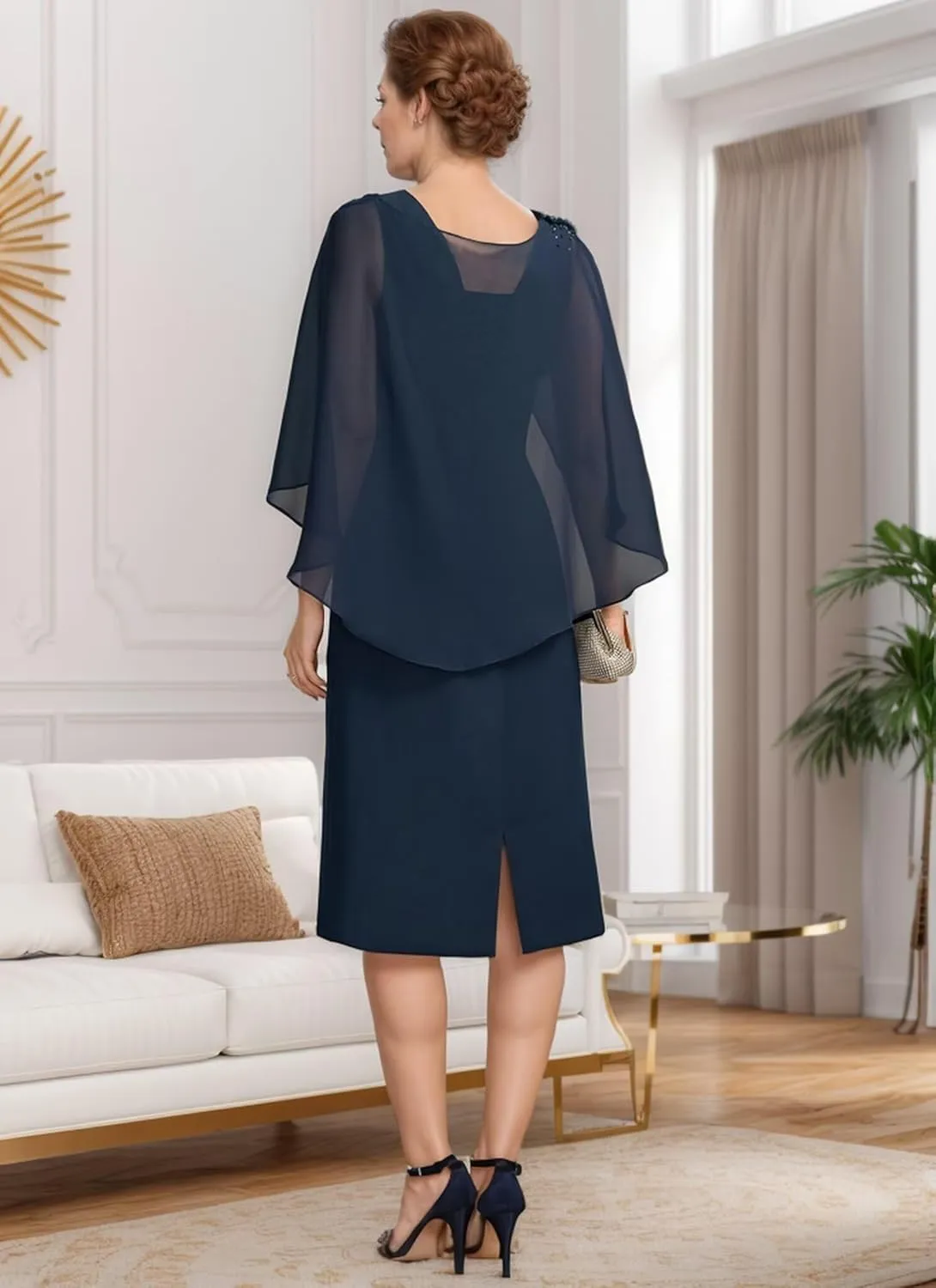 Yuxin 2 Piece Mother of The Bride Dresses for Wedding Chiffon Knee Length Formal Evening Gowns with Jacket Shawl 910