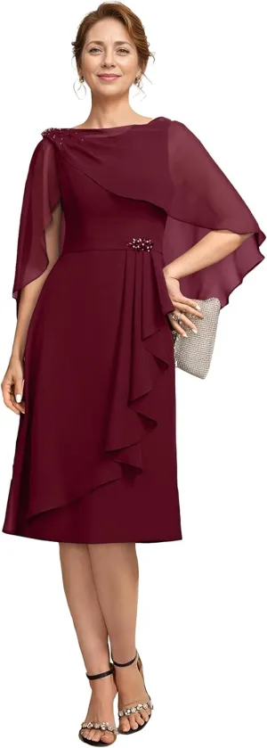 Yuxin 2 Piece Mother of The Bride Dresses for Wedding Chiffon Knee Length Formal Evening Gowns with Jacket Shawl 910