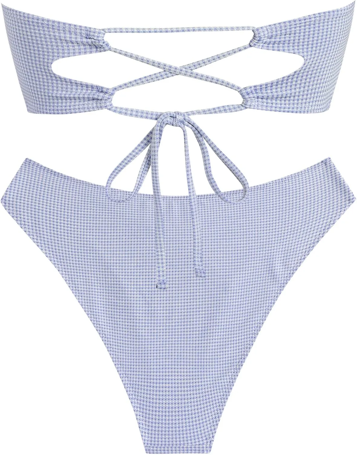 ZAFUL Bikini Sets for Women Strapless Color Block Lace Gingham Patchwork Bandeau Swimsuit 2 Pieces Bathing Suit