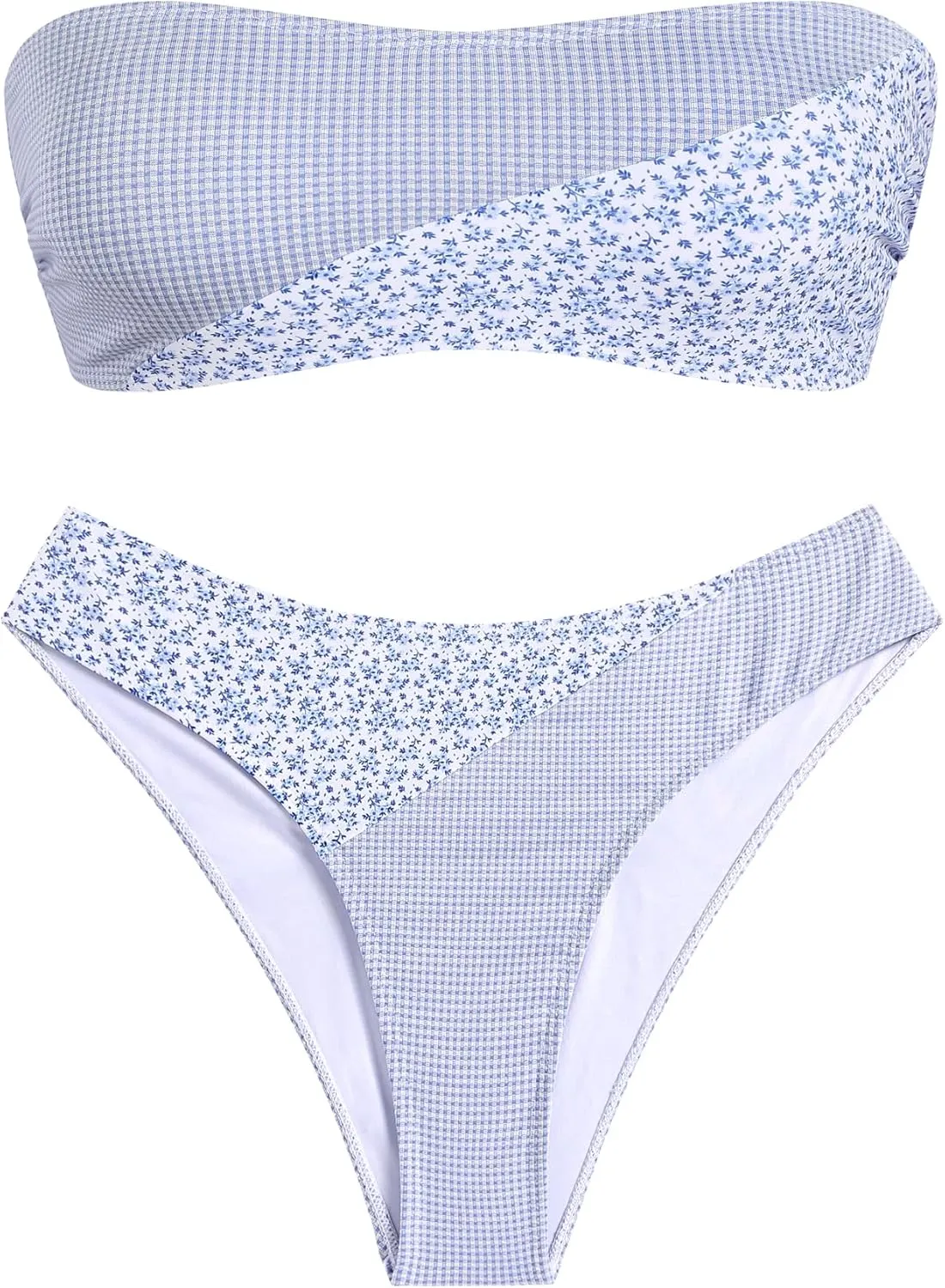 ZAFUL Bikini Sets for Women Strapless Color Block Lace Gingham Patchwork Bandeau Swimsuit 2 Pieces Bathing Suit