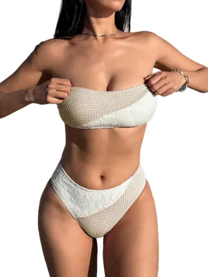 ZAFUL Bikini Sets for Women Strapless Color Block Lace Gingham Patchwork Bandeau Swimsuit 2 Pieces Bathing Suit