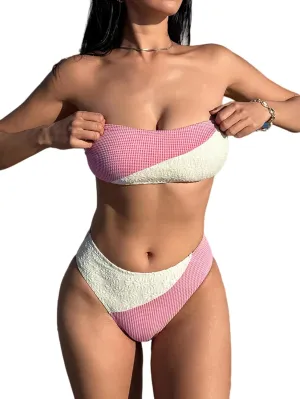 ZAFUL Bikini Sets for Women Strapless Color Block Lace Gingham Patchwork Bandeau Swimsuit 2 Pieces Bathing Suit