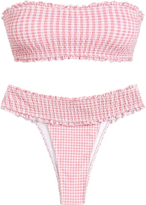 ZAFUL Women Bandeau Bikini Sets Smocked Swimsuit Strapless 2 Piece Swimwear Cheeky Bathing Suits