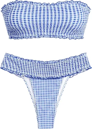 ZAFUL Women Bandeau Bikini Sets Smocked Swimsuit Strapless 2 Piece Swimwear Cheeky Bathing Suits