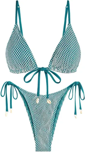 ZAFUL Women Triangle String Two Piece Bikini Fishnet Mesh Tie Shell Decor Tanga 2 Piece Swimsuit