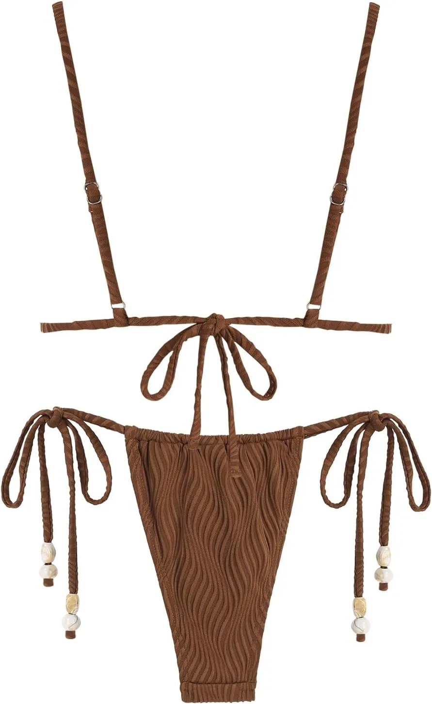 ZAFUL Women Triangle String Two Piece Bikini Fishnet Mesh Tie Shell Decor Tanga 2 Piece Swimsuit