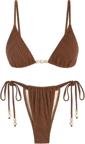 ZAFUL Women Triangle String Two Piece Bikini Fishnet Mesh Tie Shell Decor Tanga 2 Piece Swimsuit