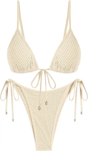 ZAFUL Women Triangle String Two Piece Bikini Fishnet Mesh Tie Shell Decor Tanga 2 Piece Swimsuit
