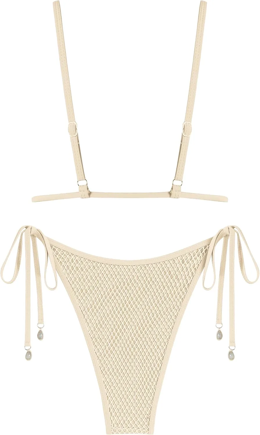 ZAFUL Women Triangle String Two Piece Bikini Fishnet Mesh Tie Shell Decor Tanga 2 Piece Swimsuit