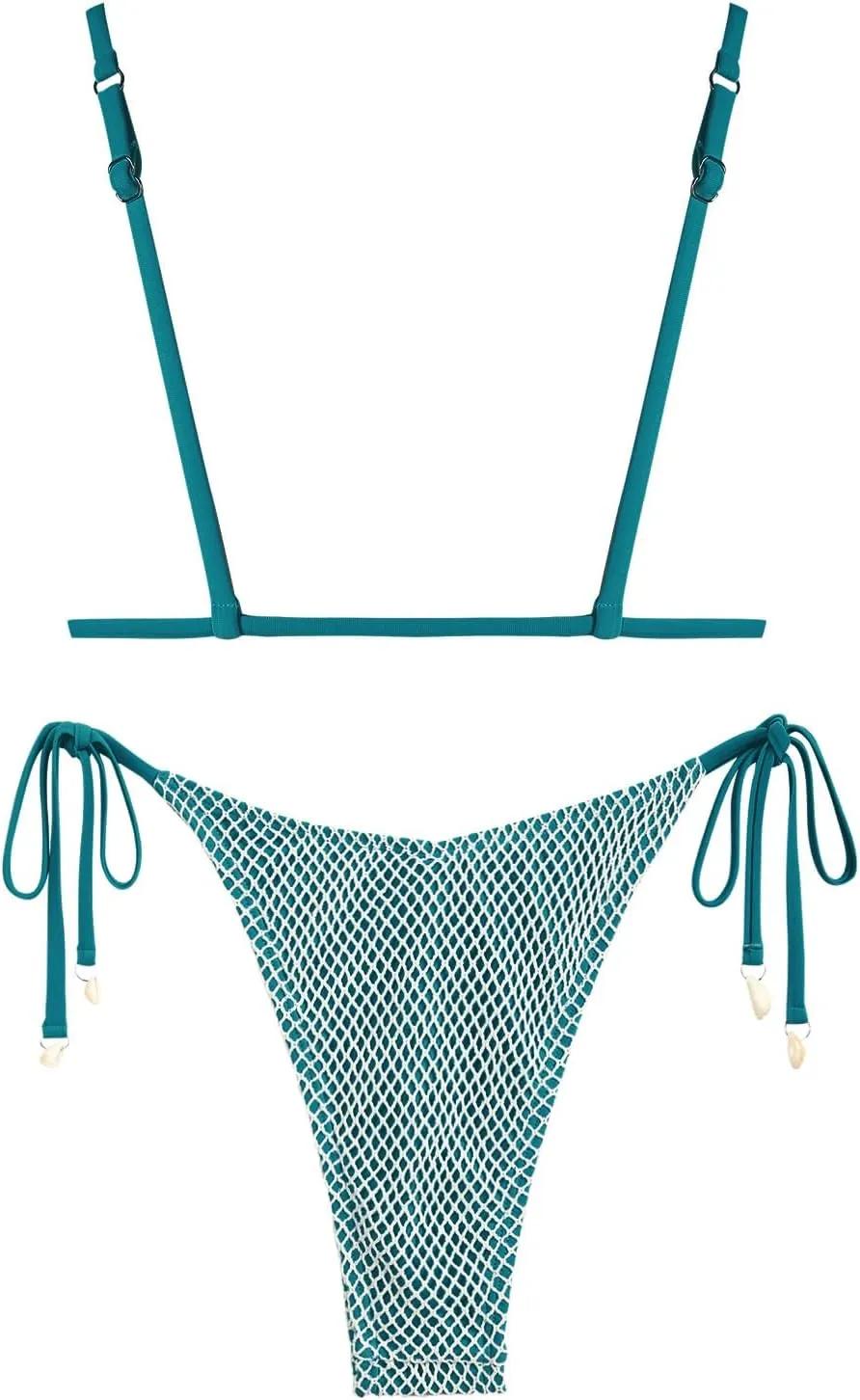 ZAFUL Women Triangle String Two Piece Bikini Fishnet Mesh Tie Shell Decor Tanga 2 Piece Swimsuit