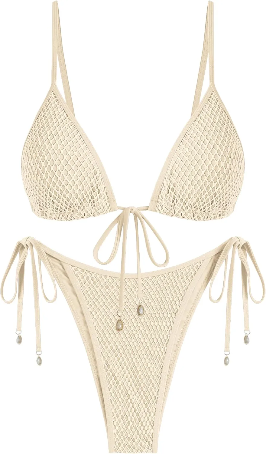ZAFUL Women Triangle String Two Piece Bikini Fishnet Mesh Tie Shell Decor Tanga 2 Piece Swimsuit