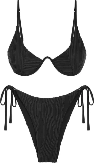 ZAFUL Women's Textured Underwire Bikini Set V Notch High Cut Swimwear Tie Side Ribbed Sexy Swimsuits
