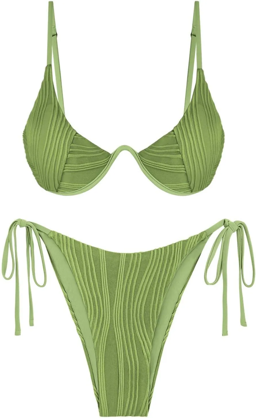 ZAFUL Women's Textured Underwire Bikini Set V Notch High Cut Swimwear Tie Side Ribbed Sexy Swimsuits