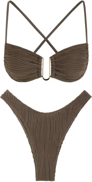 ZAFUL Women's Textured Underwire Bikini Set V Notch High Cut Swimwear Tie Side Ribbed Sexy Swimsuits