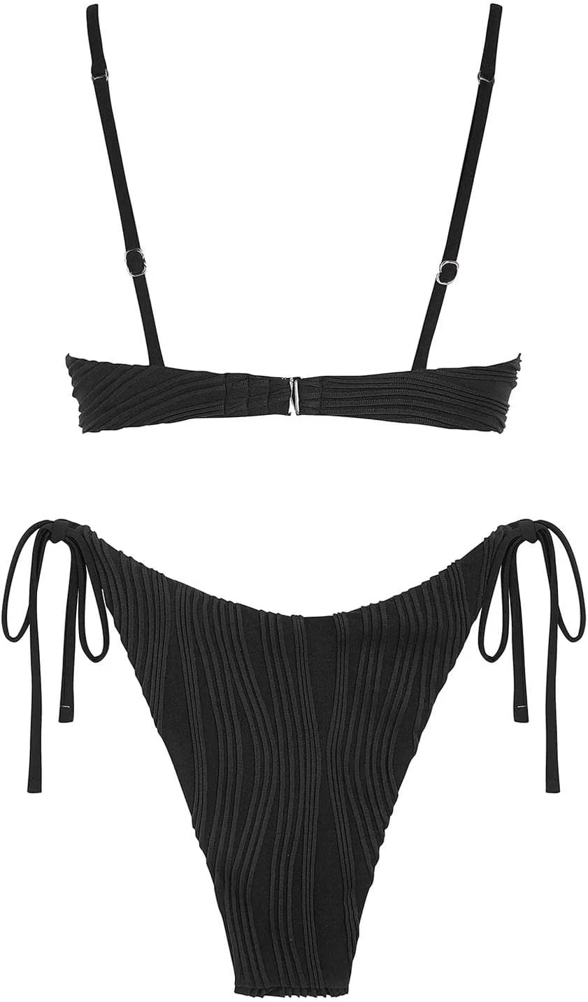 ZAFUL Women's Textured Underwire Bikini Set V Notch High Cut Swimwear Tie Side Ribbed Sexy Swimsuits