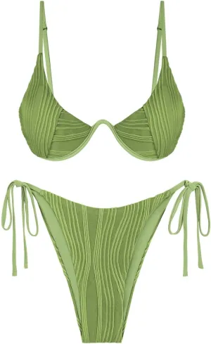 ZAFUL Women's Textured Underwire Bikini Set V Notch High Cut Swimwear Tie Side Ribbed Sexy Swimsuits