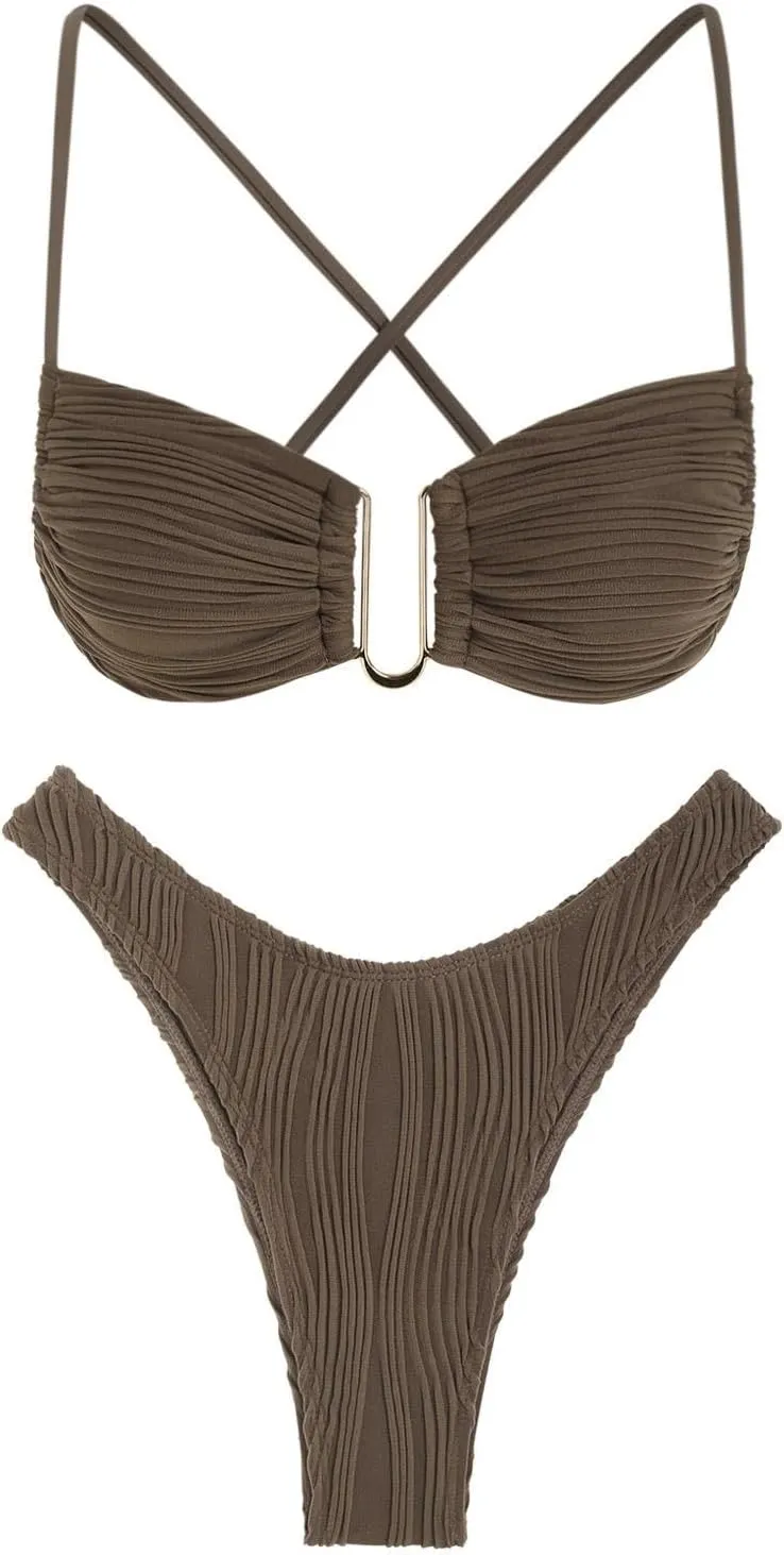 ZAFUL Women's Textured Underwire Bikini Set V Notch High Cut Swimwear Tie Side Ribbed Sexy Swimsuits