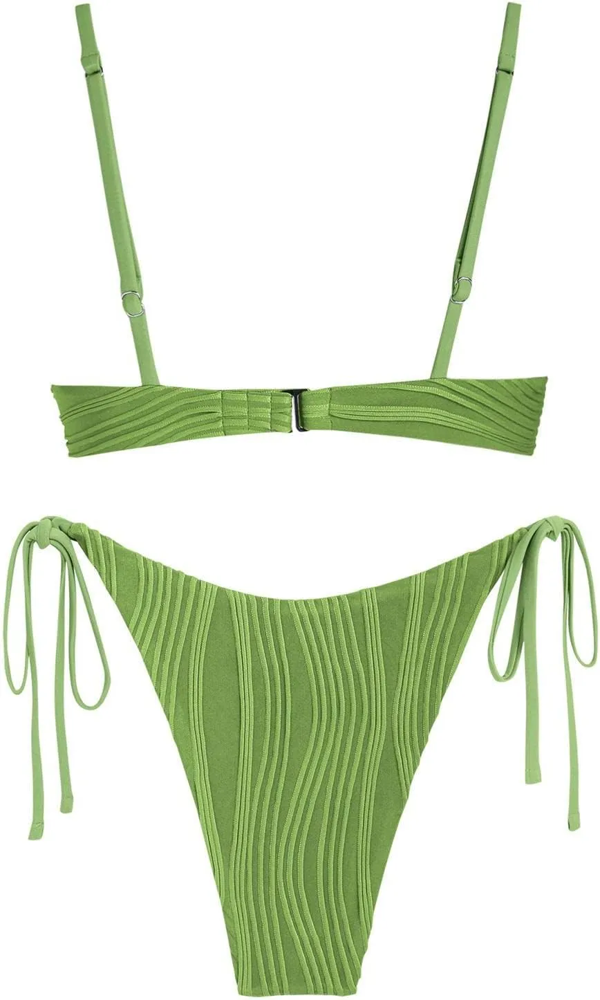 ZAFUL Women's Textured Underwire Bikini Set V Notch High Cut Swimwear Tie Side Ribbed Sexy Swimsuits