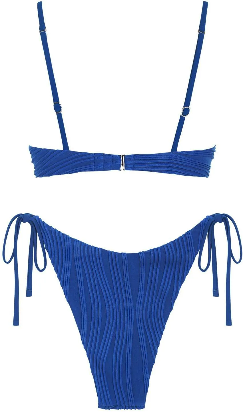 ZAFUL Women's Textured Underwire Bikini Set V Notch High Cut Swimwear Tie Side Ribbed Sexy Swimsuits