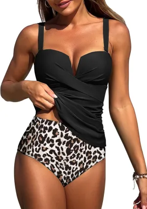 ZAFUL Women's Two Piece Tankini Swimsuits Tummy Control Crisscross Bathing Suits V-Wire Swim Tank Tops with Briefs