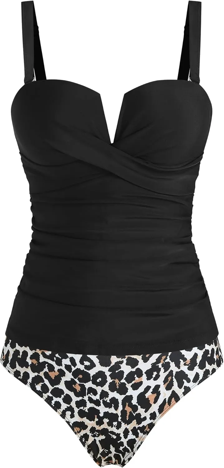 ZAFUL Women's Two Piece Tankini Swimsuits Tummy Control Crisscross Bathing Suits V-Wire Swim Tank Tops with Briefs