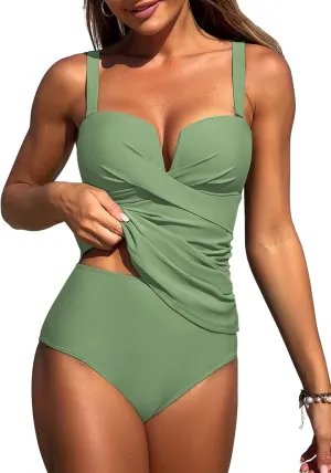 ZAFUL Women's Two Piece Tankini Swimsuits Tummy Control Crisscross Bathing Suits V-Wire Swim Tank Tops with Briefs