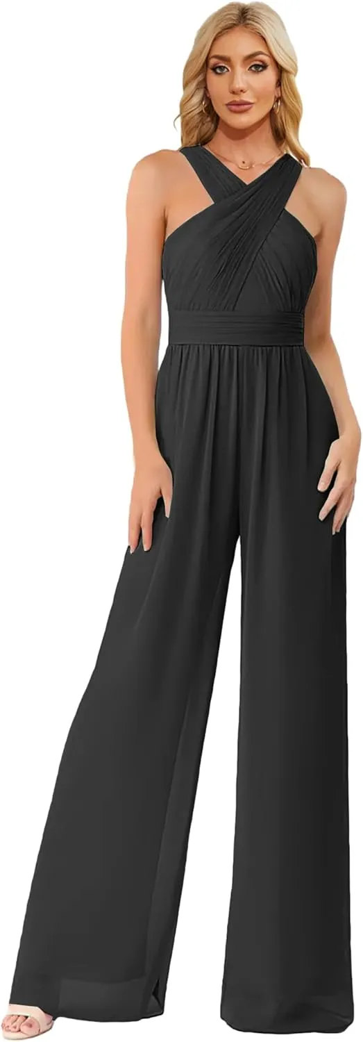Zoghoo Chiffon Formal Jumpsuits for Women Wedding Halter Long Wide Leg Pants Rompers One Piece Outfits