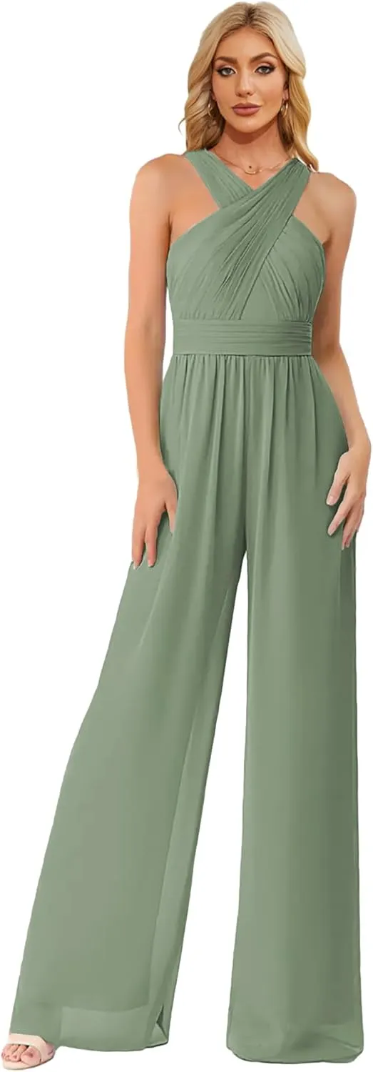 Zoghoo Chiffon Formal Jumpsuits for Women Wedding Halter Long Wide Leg Pants Rompers One Piece Outfits