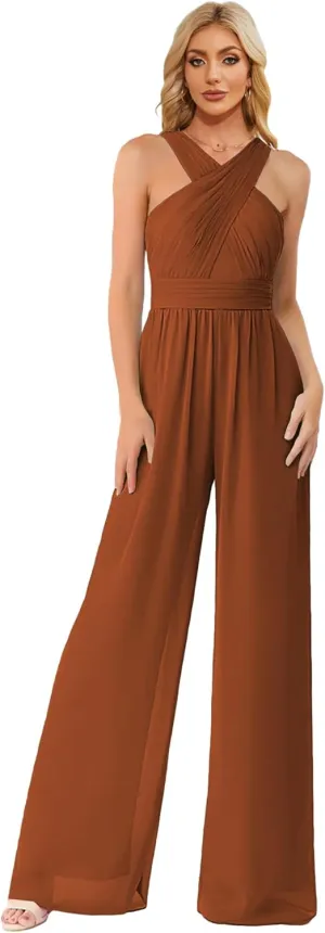 Zoghoo Chiffon Formal Jumpsuits for Women Wedding Halter Long Wide Leg Pants Rompers One Piece Outfits