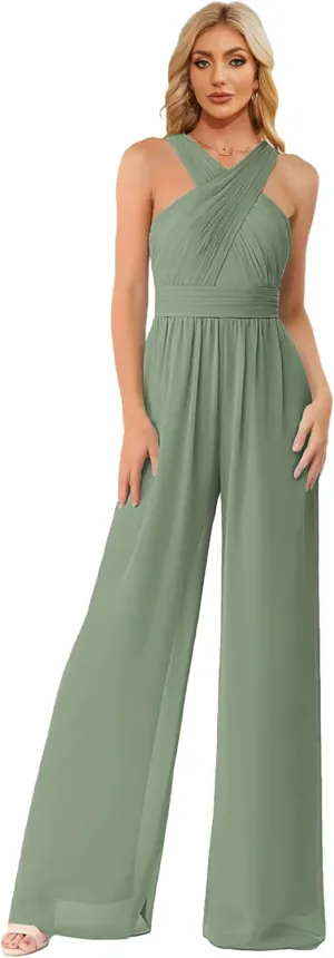 Zoghoo Chiffon Formal Jumpsuits for Women Wedding Halter Long Wide Leg Pants Rompers One Piece Outfits