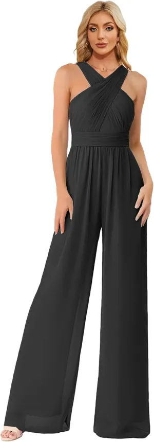 Zoghoo Chiffon Formal Jumpsuits for Women Wedding Halter Long Wide Leg Pants Rompers One Piece Outfits